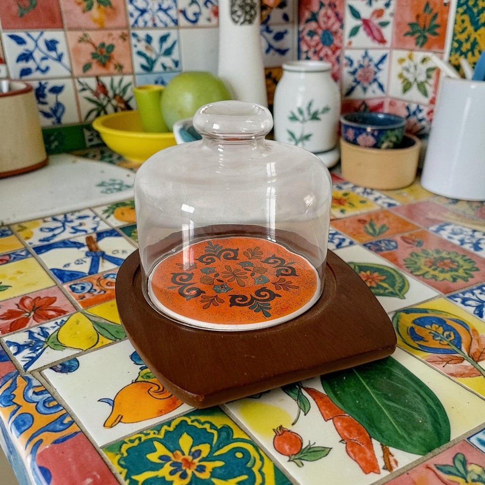 Vintage Cheese Board with Ceramic Cloche - Mid Century Charcuterie Platter